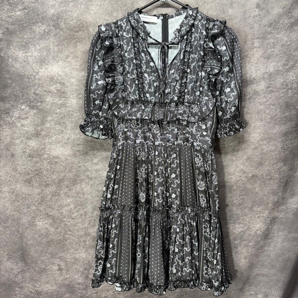Hunter Bell Britton Black Floral Mixed Print Ruffle Mini Dress Size XS Cottage